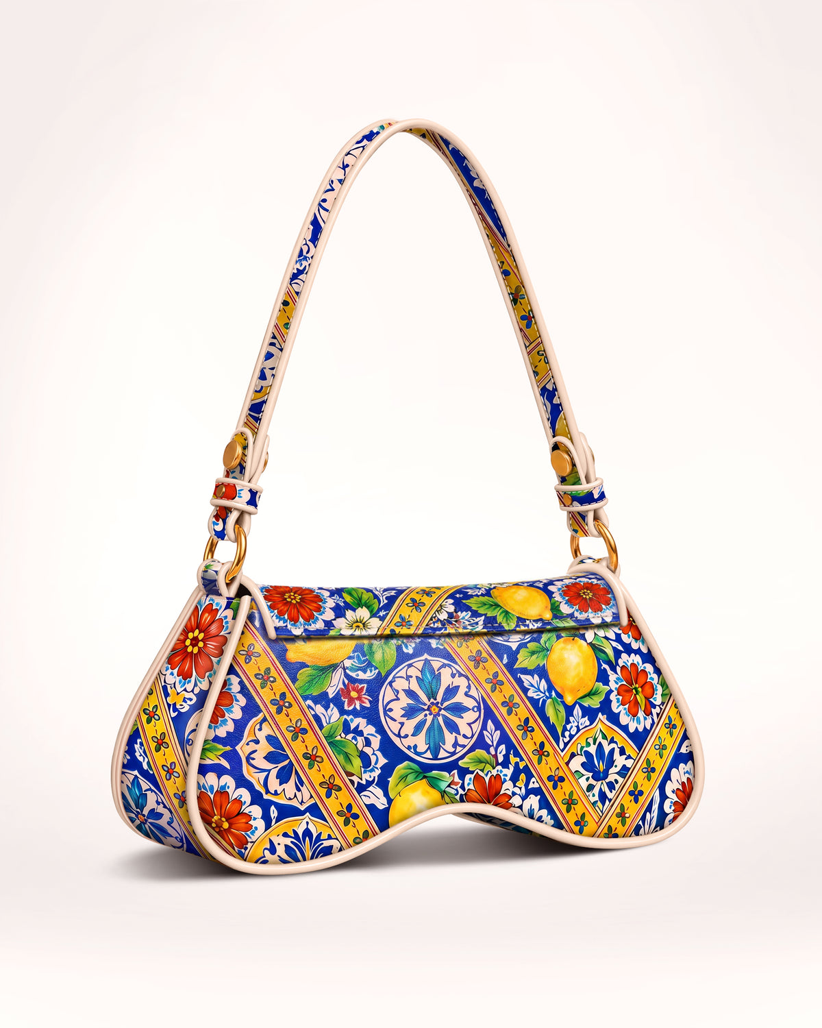 KUTEÈ Amalfi scalloped shoulder bag in a blue, yellow and red majolica print