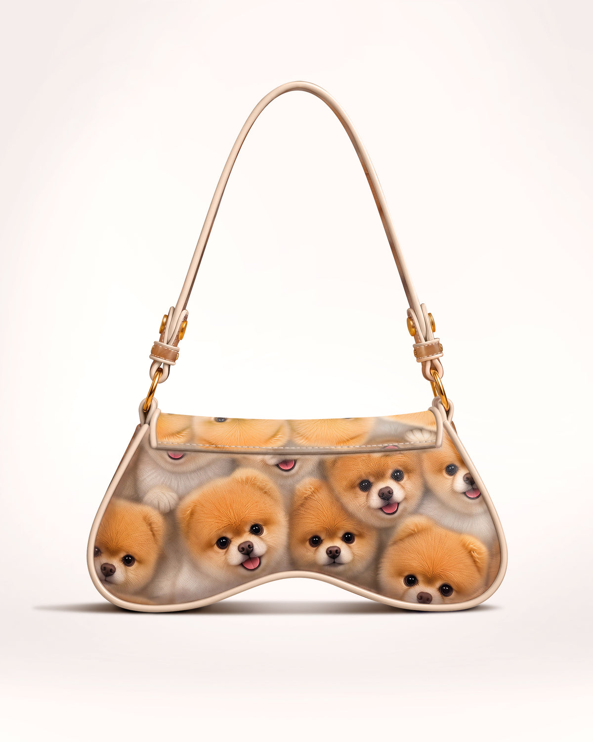 KUTEÈ POM POM puppy print handbag with the gold KUTEÈ medallion