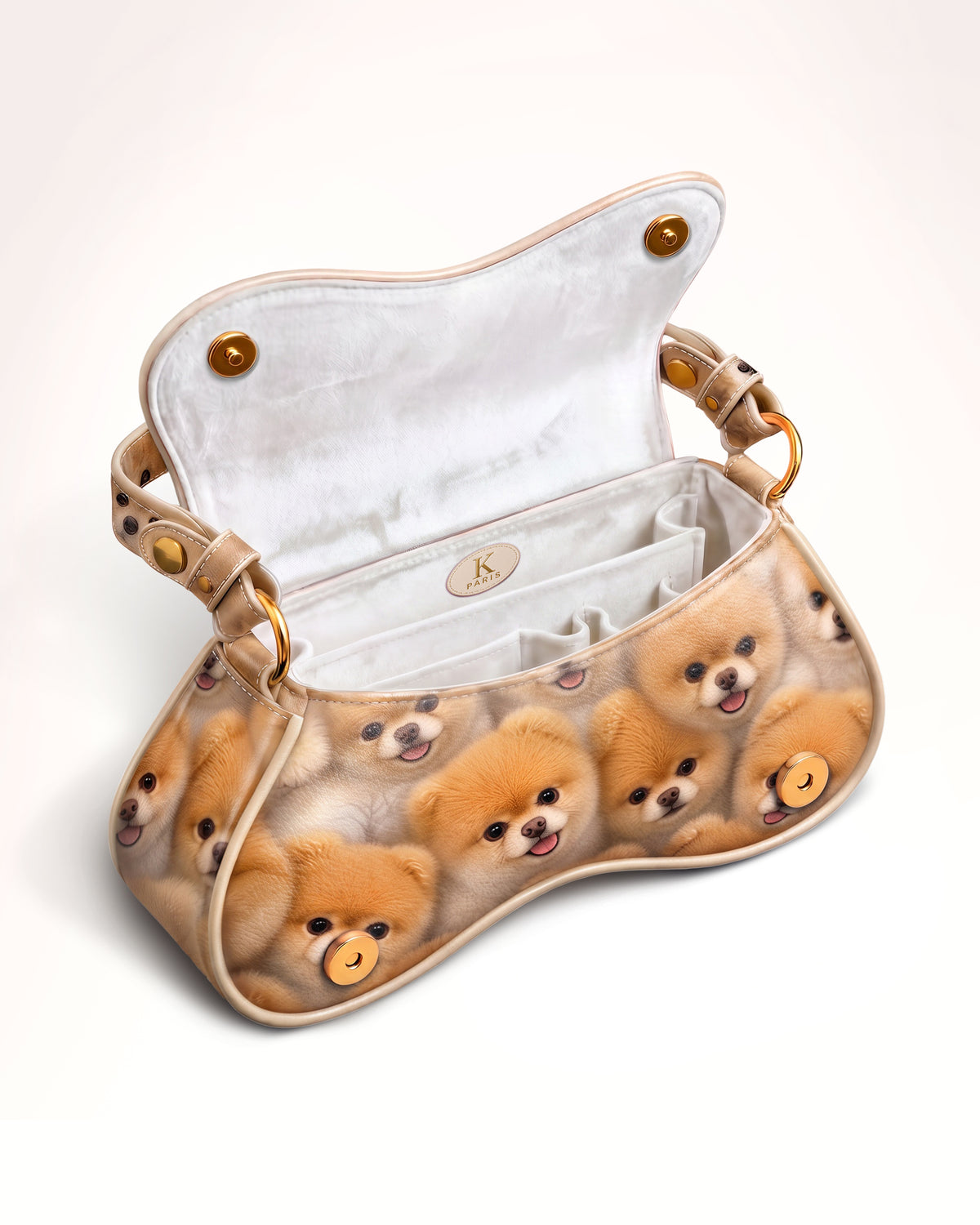 KUTEÈ POM POM curved puppy print shoulder bag